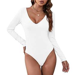 Durio Sexy Body Damen Langarm Elegant Bodysuit Tops Bodies Oberteil Overall Stringbody V-Ausschnitt Weiß 44 (Tag Size XL) von Durio