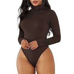 Durio Sexy Body Damen Langarm Elegant Bodysuit Tops Bodies Oberteil Overall Stringbody mit Rollkragen Braun 38-40 (Tag Size M) von Durio