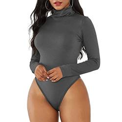 Durio Sexy Body Damen Langarm Elegant Bodysuit Tops Bodies Oberteil Overall Stringbody mit Rollkragen Dunkelgrau 34-36 (Tag Size S) von Durio