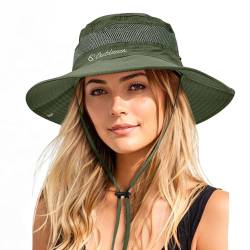 Durio Sonnenhut Damen und Herren - Outdoor Sommer Wanderhut UV-Schutz Bucket Cap mit Kinnriemen Fischerhut Safarihut Faltbar Mesh Breite Krempe Campinghut Armeegrün von Durio