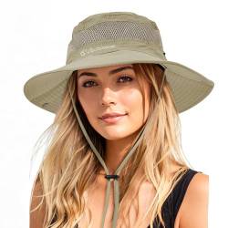 Durio Sonnenhut Damen und Herren - Outdoor Sommer Wanderhut UV-Schutz Bucket Cap mit Kinnriemen Fischerhut Safarihut Faltbar Mesh Breite Krempe Campinghut Dunkel Khaki von Durio