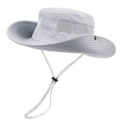 Durio Sonnenhut Damen und Herren - Outdoor Sommer Wanderhut UV-Schutz Bucket Cap mit Kinnriemen Fischerhut Safarihut Faltbar Mesh Breite Krempe Campinghut Hellgrau von Durio