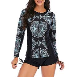 Durio Surfanzug Damen Badeanzug Langarm Tauchanzug Rash Guard Zweiteiliger Bademode UV-Schutz Surfen Oberteile + Hosen Schwarz Blumen 44 von Durio