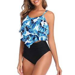 Durio Tankini Set Damen Badeanzug Push Up Bikini Set Sexy Bademode Zweiteilige Hohe Taille Swimsuit Blau 34-36 von Durio