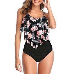 Durio Tankini Set Damen Badeanzug Push Up Bikini Set Sexy Bademode Zweiteilige Hohe Taille Swimsuit Blumen Schwarz u. rosa 38-40 von Durio