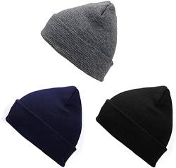 Durio Winter Beanie Mütze Wintermütze Herren Damen Unisex Strickmütze Laufmützen Einheitsgröße 3er Set Schwarz Navy u. Grau von Durio