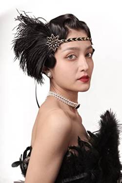Duriya Damen 1920s Stirnband 20er Jahre Accessoires Kopfschmuck Great Gatsby Kostüm Accessoires 20er Jahre Flapper Feder Haarband (Schwartz Gold) von Duriya