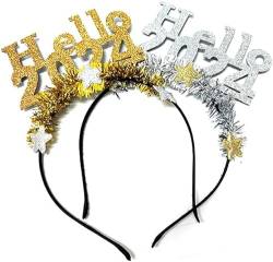 Dusenly 2 Stück Hello 2024 Happy New Year Stirnband Tiara Gold Silber Glitzer Neujahr Haarband für 2024 Silvester Party Dekorationen von Dusenly