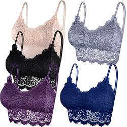 Duufin 5 Stück Spitzen BH Bralette Spitze Gepolstert für Damen und Mädchen(Grau, Schwarz, Teint, Dunkelviolett, Blau), L-XL von Duufin