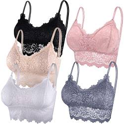 Duufin 5 Stück Spitzen BH Bralette Spitze Gepolstert für Damen und Mädchen (Pink, Grau, Schwarz, Beige, Weiß, L-XL) von Duufin