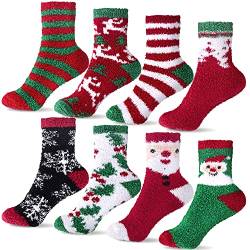 Duufin 8 Paar Weihnachten Socken, Weihnachtssocken Flauschige Weihnachtssocken Warme Santa Elk Schneeflocke Flauschige Socken Wintersocken für Frauen und Mädchen von Duufin