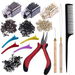 Duufin Microring Set mit 1500 Stück Microringe für Extensions und 2 Stück Microring Nadel 1 Stück Microring Zange für Haarverlängerung 1 Stück Kamm 4 Stück Haarspange und Mini Haargummis von Duufin