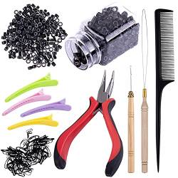 Duufin Microring Set mit 500 Stück Schwarz Microringe 1 Stück Microring Zange 2 Stück Microring Nadel 4 Stück Haarspange 1 Stück Kamm und Haargummis, Haarverlängerung Microrings Extensions für Haar von Duufin