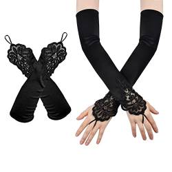 Duyteop Fingerlose Handschuhe 1920er Jahre, Retro Opera Gloves, Spitze Ellbogenlange Handschuhe, Fingerlose Handschuhe 20's Accessoires, für Frauen und Mädchen, Schwarz, ca. 32 Cm/ 13,7 Zoll von Duyteop