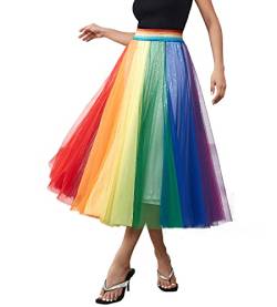 Damen-Faltenrock, langer Tüllrock, hohe elastische Taille, Swing, lässiger Maxirock, 31 Pailletten, Regenbogenfarben, Klein von Dwirapal