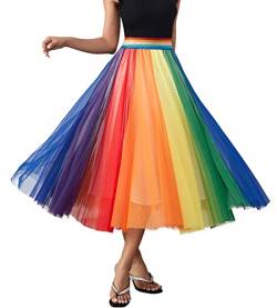 Damen-Faltenrock, langer Tüllrock, hohe elastische Taille, Swing, lässiger Maxirock, 31 Regenbogen, Mittel von Dwirapal