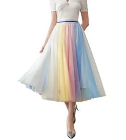 Damen-Faltenrock, langer Tüllrock, hohe elastische Taille, Swing, lässiger Maxirock, Regenbogen mit 31 Lichtern, Groß von Dwirapal