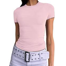 Dwnval Frauen Sexy Basic T Shirts Tops Sommer Kurzarm Rundhalsausschnitt Slim Fit Cute Crop Top Blusen, Helles Pink, Klein von Dwnval