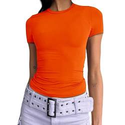 Dwnval Frauen Sexy Basic T Shirts Tops Sommer Kurzarm Rundhalsausschnitt Slim Fit Cute Crop Top Blusen, Orange/Abendrot im Zickzackmuster (Sunset Chevron), Mittel von Dwnval