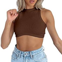 Dwnval Sexy ärmelloses Rundhalsausschnitt geripptes gestricktes Tank Crop Tops für Damen, Braun, Mittel von Dwnval