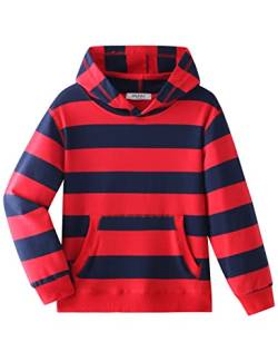 Dybker Jungen Mädchen Hoodies Kapuzenpullover Klassisch Solid Sport Pullover Top Leichte Serie Weiche Plüsch Baumwolle für 5-12 Jahre, Rot und Marineblau gestreift, 7-8 Jahre von Dybker