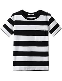 T-Shirt Jungen Mädchen Streifen Rundhalsausschnitt Kurzarm Baumwolle Tops für Kinder Schwarz Weiß 5-6 Jahre von Dybker