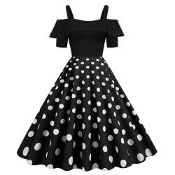 50er Rockabilly Petticoat Kleid Damen Hepburn Tupfen Druck Abendkleid Kurzarm Ballkleid mit Schulterfrei Rüschensaum Sling Cocktailkleid Swing Partykleid A-Linie Abiballkleid von Dyhxuan