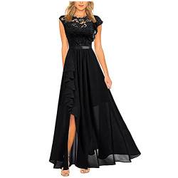 Abendkleid Damen Lang Elegant Spitze Cocktailkleid Einfarbige Maxikleid Rundhals Mittelarm Hochzeitskleid Reißverschluss Brautkleid Brautjungfern Kleid Slim Fit Abiballkleid Partykleid von Dyhxuan