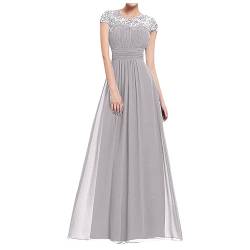 Abendkleid Damen Lang Elegant Spitze Cocktailkleid Einfarbige Maxikleid Rundhals Mittelarm Hochzeitskleid Reißverschluss Brautkleid Brautjungfern Kleid Slim Fit Abiballkleid Partykleid von Dyhxuan