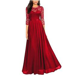 Abendkleid Damen Lang Elegant Spitze Cocktailkleid Einfarbige Maxikleid Rundhals Mittelarm Hochzeitskleid Reißverschluss Brautkleid Brautjungfern Kleid Slim Fit Abiballkleid Partykleid von Dyhxuan