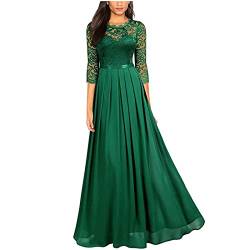 Abendkleid Damen Lang Elegant Spitze Cocktailkleid Einfarbige Maxikleid Rundhals Mittelarm Hochzeitskleid Reißverschluss Brautkleid Brautjungfern Kleid Slim Fit Abiballkleid Partykleid von Dyhxuan