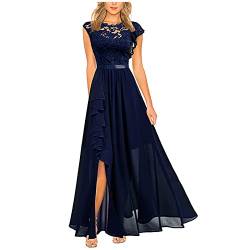 Abendkleid Damen Lang Elegant Spitze Cocktailkleid Einfarbige Maxikleid Rundhals Mittelarm Hochzeitskleid Reißverschluss Brautkleid Brautjungfern Kleid Slim Fit Abiballkleid Partykleid von Dyhxuan