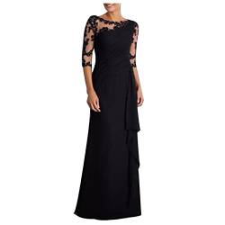 Abendkleid Damen Lang Elegant Spitze Cocktailkleid Einfarbige Maxikleid Rundhals Mittelarm Hochzeitskleid Reißverschluss Brautkleid Brautjungfern Kleid Slim Fit Abiballkleid Partykleid von Dyhxuan