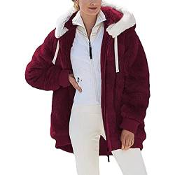 Dyhxuan Fleecejacke Damen,Winterjacke Damen Teddy Fleece Mantel Warm Gefüttert Winter Kapuzenpullover Flauschig Plüschjacke Sweatshirt mit Kapuze und Taschen Reißverschluss Winterjacke Oversize Jacke von Dyhxuan