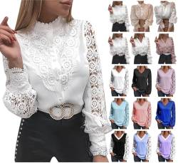 Langarmshirt Damen Elegant Spitze Bluse Tshirt Weiß V-Ausschnitt Pullover Tops Spitzenärmel Tee Shirt mit Full Button Up Langarm Einfarbige Tunika Schnüren Aushöhlen Oberteile Abend Party Club von Dyhxuan