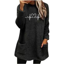 Pullover für Damen Vintage Liebedrucken Fleecepullover Doppelter Samt Tshirt Langarmshirt Langarm Rundhals Plüschpullover Warm Gefüttert T-Shirt Pulli Große Größen Bluse Oberteile Sweatshirt von Dyhxuan