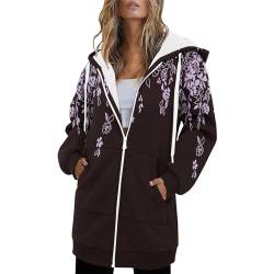 Sweatjacke Damen Mit Kapuze Winterjacke Lässig Blumenmuster Lang Übergangsjacke Langarm Reißverschluss Kapuzenjacke Wintermantel mit Tasche Herbst Winter Outdoorjacke Hoodie Kapuzenpullover S-2XL von Dyhxuan