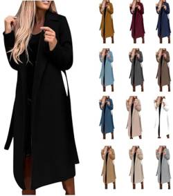 Trenchcoat Damen Lang Mantel Windjacke Winterjacke Windbreaker mit Gürtel Modische Einfarbige Wollmantel Langarm Umlegekragen Übergangsjacke Leichte Jacke Wintermantel Softshellmantel von Dyhxuan