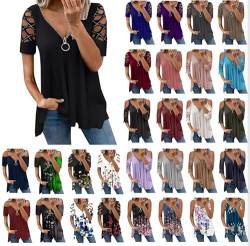 Trendige Oberteile Damen Reißverschluss V-Ausschnitt Bluse Heißbohren aushöhlen T-Shirt Schulterfreie Kurzarm Sommer Tops Spitzenärmeln Shirt Kalte Schulter Tshirt Fließende Hemdbluse S-5XL von Dyhxuan