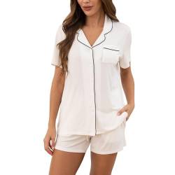 Dysmyracle Damen Pyjama Set Knopfleiste V-Ausschnitt Schlafanzug Weiche Kurze Nachtwäsche S-XXL von Dysmyracle