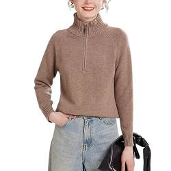 E-girl Damen 95% Kaschmir Pullover Braun Stehkragen Langarm Strickpullover Kaschmir Wolle Reißverschluss Relaxed Dicker Pullover,38,YZL516 von E-girl