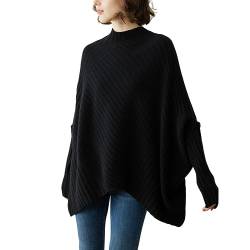 E-girl Damen 95% Kaschmir Pullover Schwarz Stehkragen Langarm Strickpullover Kaschmir Wolle Gestreifter Relaxed Dünner Pullover,Einheitsgröße,YD23123 von E-girl