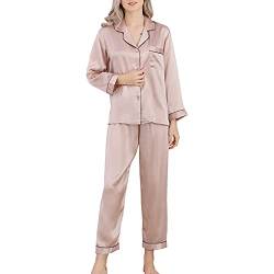 E-girl Damen Beige Einfach 100% Seide Pyjama-Set Oberteil und Capri-Hose Schlafanzug Langarm 19 Momme Seidenpyjama,XL,T8002 von E-girl