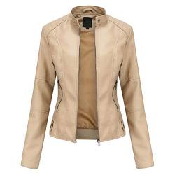 E-girl Damen Beige Kunstleder Motorrad Jacke Lederjacke Schlank Reißverschluss Stehkragen Kurz Mantel,42,PN767 von E-girl