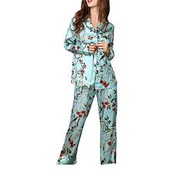 E-girl Damen Blau Blumen 100% Seide Pyjama-Set Oberteil und Capri-Hose Schlafanzug Langarm 19 Momme Seidenpyjama,M,T8166 von E-girl