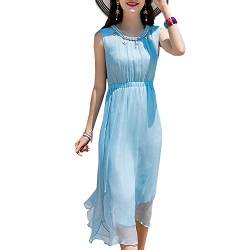 E-girl Damen Blau Seiden Kleid Ohne Arm Rundhals Solide 100% Seiden Langes Seiden Kleid,E8031,XL von E-girl