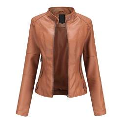 E-girl Damen Braun Kunstleder Motorrad Jacke Lederjacke Schlank Reißverschluss Stehkragen Kurz Mantel,38,PN767 von E-girl