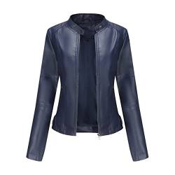 E-girl Damen Dunkelblau Kunstleder Motorrad Jacke Lederjacke Schlank Reißverschluss Stehkragen Kurz Mantel,38,PN767 von E-girl