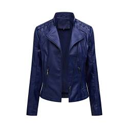 E-girl Damen Dunkelblau Kunstleder Motorrad Jacke Lederjacke Schlank Reißverschluss Stehkragen Kurz Mantel,48,P6638 von E-girl