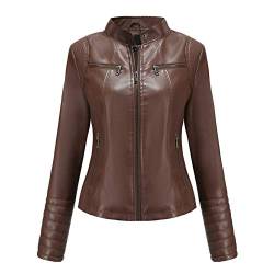 E-girl Damen Dunkelbraun Kunstleder Motorrad Jacke Lederjacke Schlank Reißverschluss Stehkragen Kurz Mantel,40,PN788 von E-girl